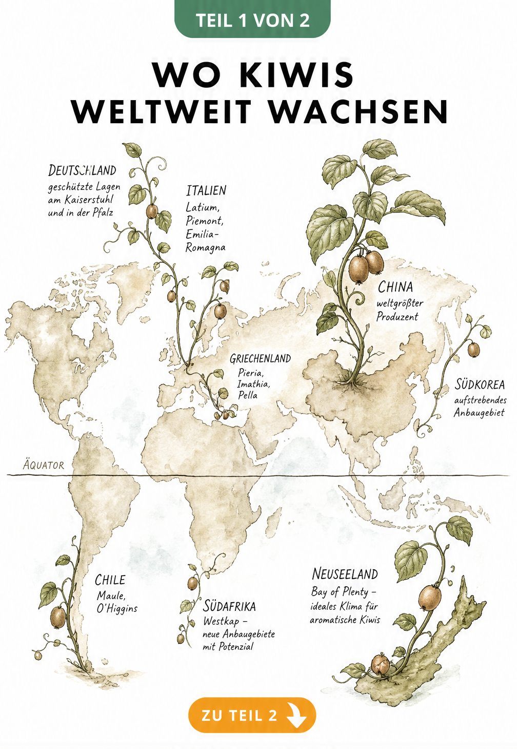 Handgezeichnete Weltkarte mit Kiwi-Ranken, die die weltweiten Anbaugebiete wie China, Neuseeland, Chile und Italien zeigt.