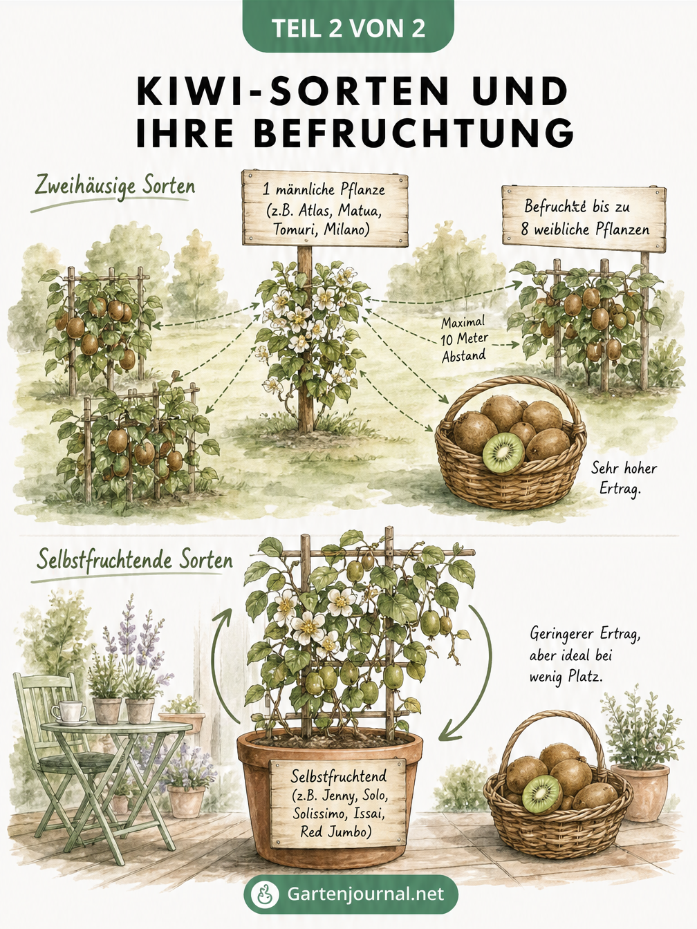 Illustration zur Befruchtung von Kiwi-Sorten: zweihäusige vs. selbstfruchtende Pflanzen