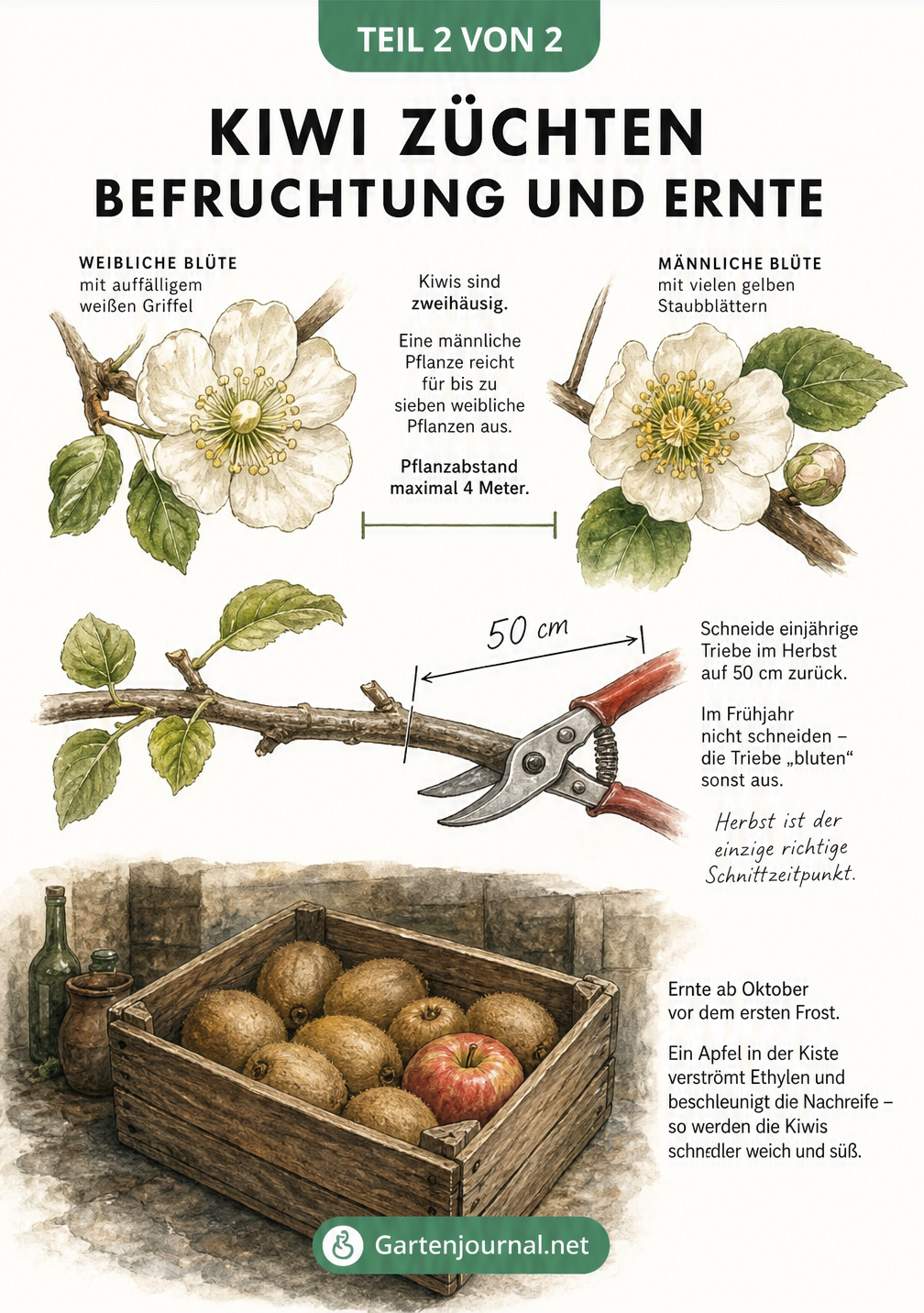 Illustration zur Kiwi-Pflege: Unterschied zwischen männlichen und weiblichen Blüten, richtiger Rückschnitt im Herbst und Nachreifen der Ernte mit einem Apfel.