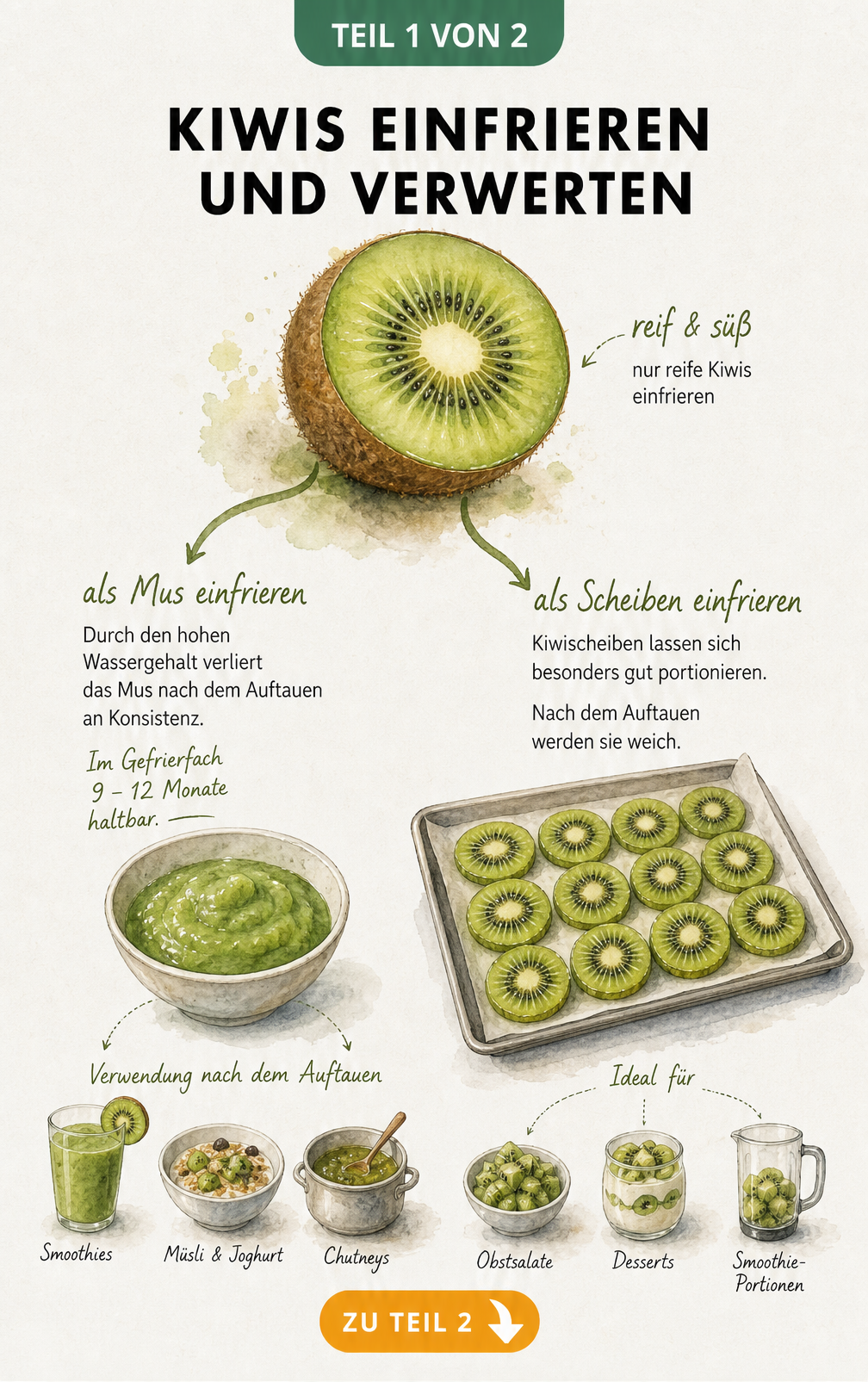 Illustration einer aufgeschnittenen Kiwi mit zwei Verarbeitungsmethoden: Fruchtpüree und Kiwischeiben zum Einfrieren