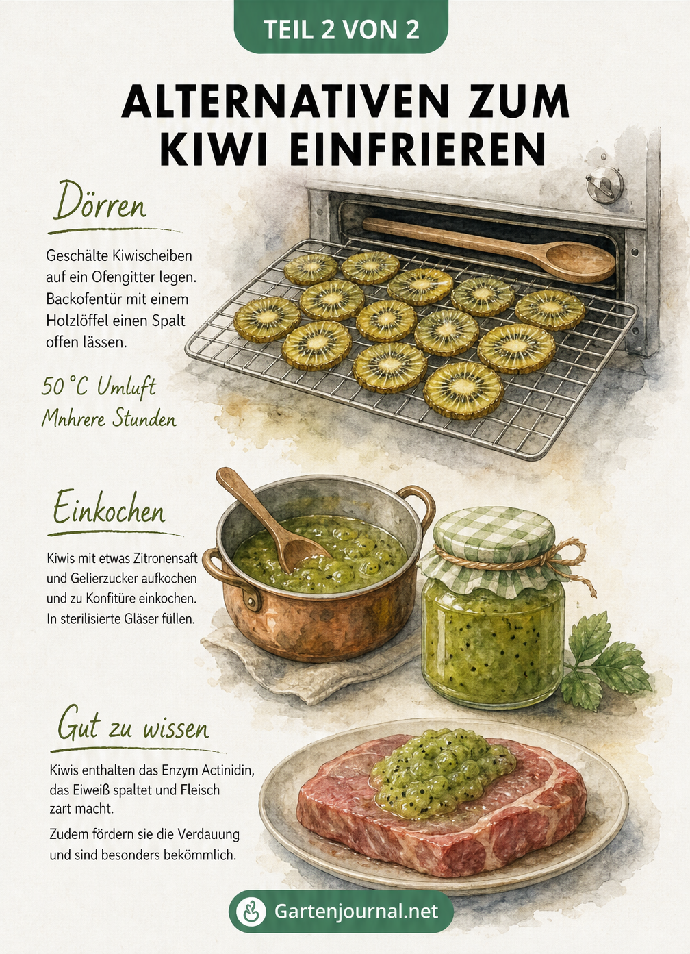 Illustration von Alternativen zum Einfrieren: Kiwischeiben beim Dörren im Ofen und Einkochen von Konfitüre