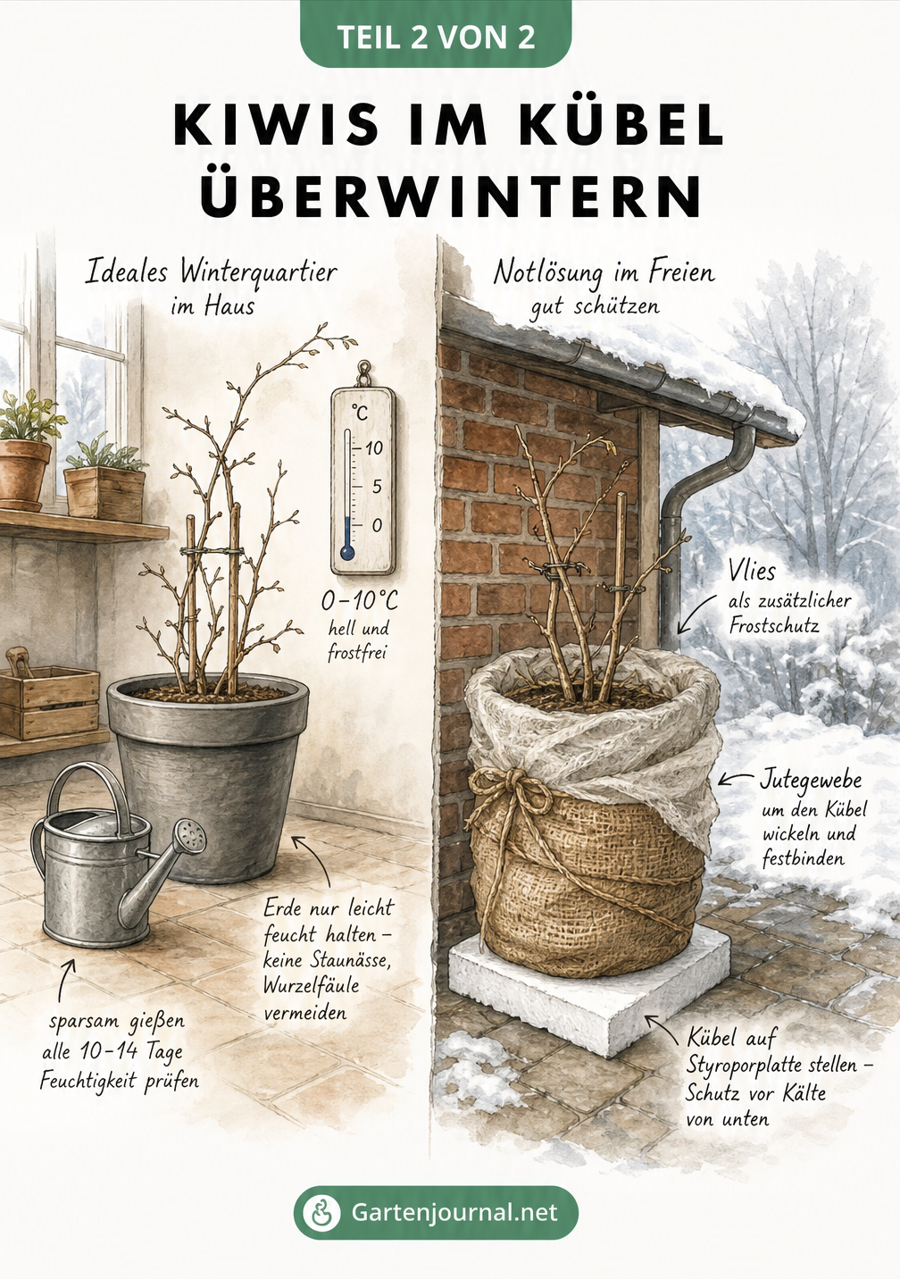 Schnittdarstellung eines Hauses mit einer Kiwipflanze im kühlen Winterquartier bei 0 bis 10 Grad und einer weiteren Pflanze im Freien, isoliert mit Styropor,...