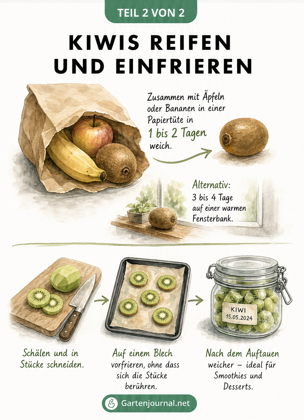 Illustration zum Nachreifen von Kiwis in einer Papiertüte und zum Einfrieren von Kiwischeiben