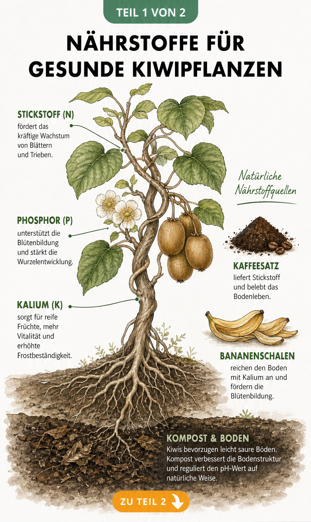 Botanische Illustration einer Kiwipflanze mit Zuordnung der Hauptnährstoffe Stickstoff, Phosphor und Kalium zu Blättern, Wurzeln und Früchten sowie natürlichen...