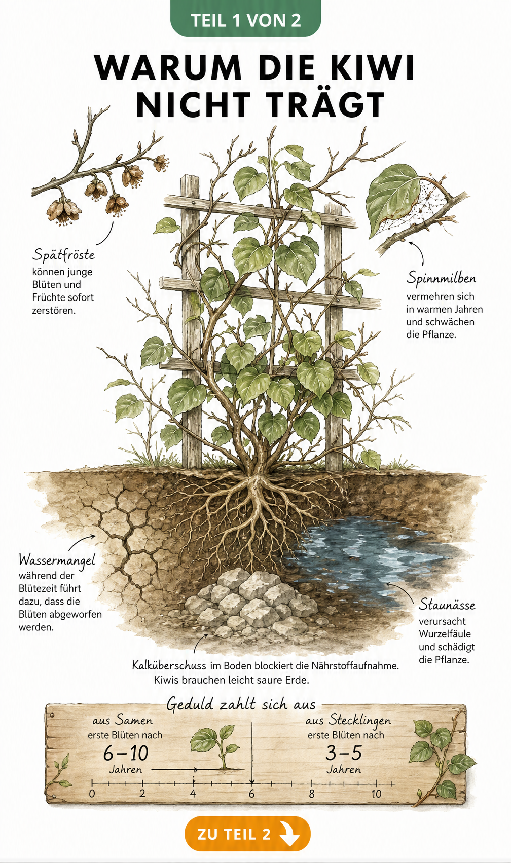 Botanische Illustration einer fruchtlosen Kiwi-Pflanze mit Wurzelquerschnitt, der Trockenheit, Staunässe und Kalkboden zeigt, sowie Ästen mit Frostschäden und...