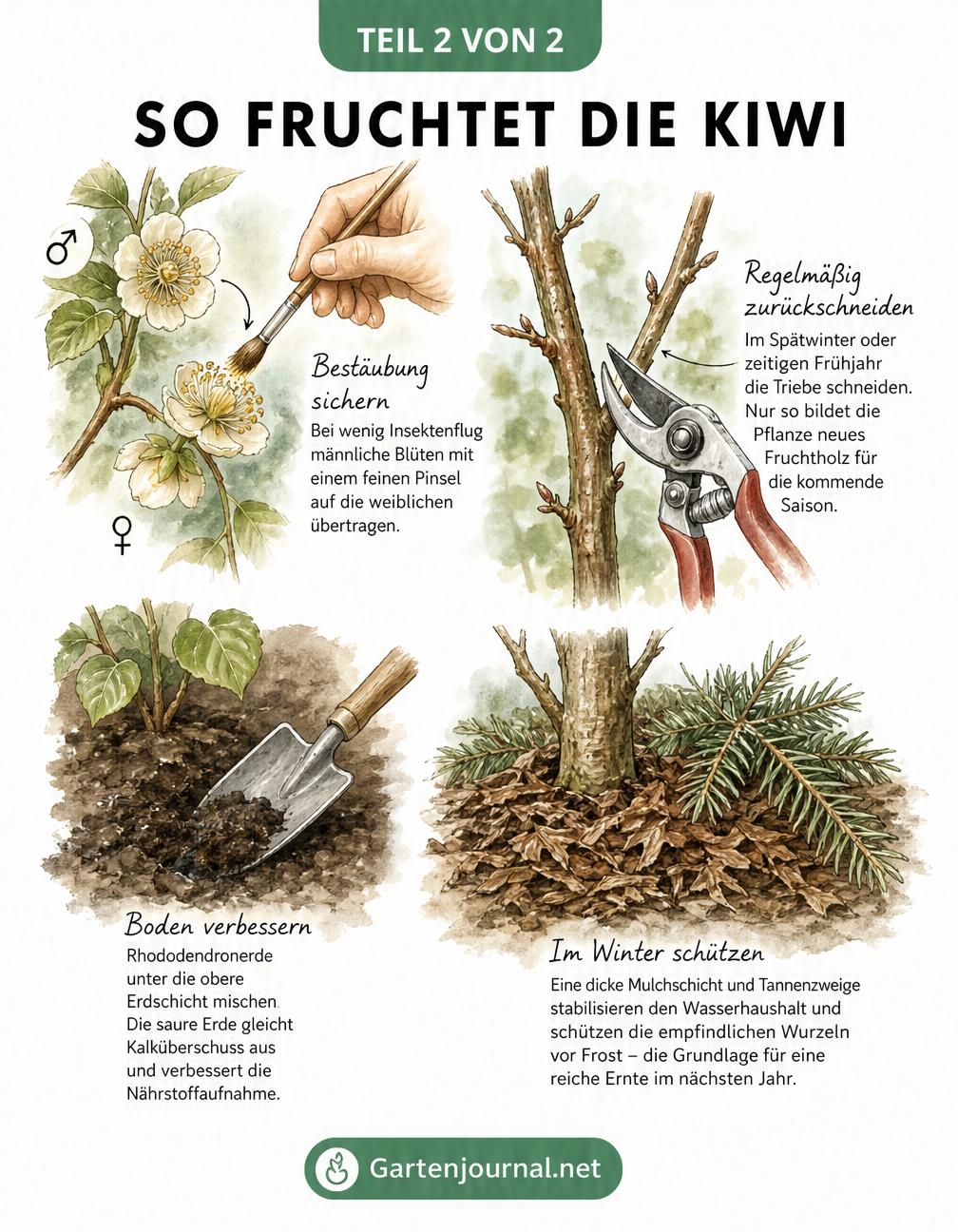Aquarell-Vignetten zur Kiwi-Pflege: Manuelle Bestäubung mit Pinsel, Rückschnitt mit Gartenschere, Bodenverbesserung mit Rhododendronerde und Winterschutz durch...