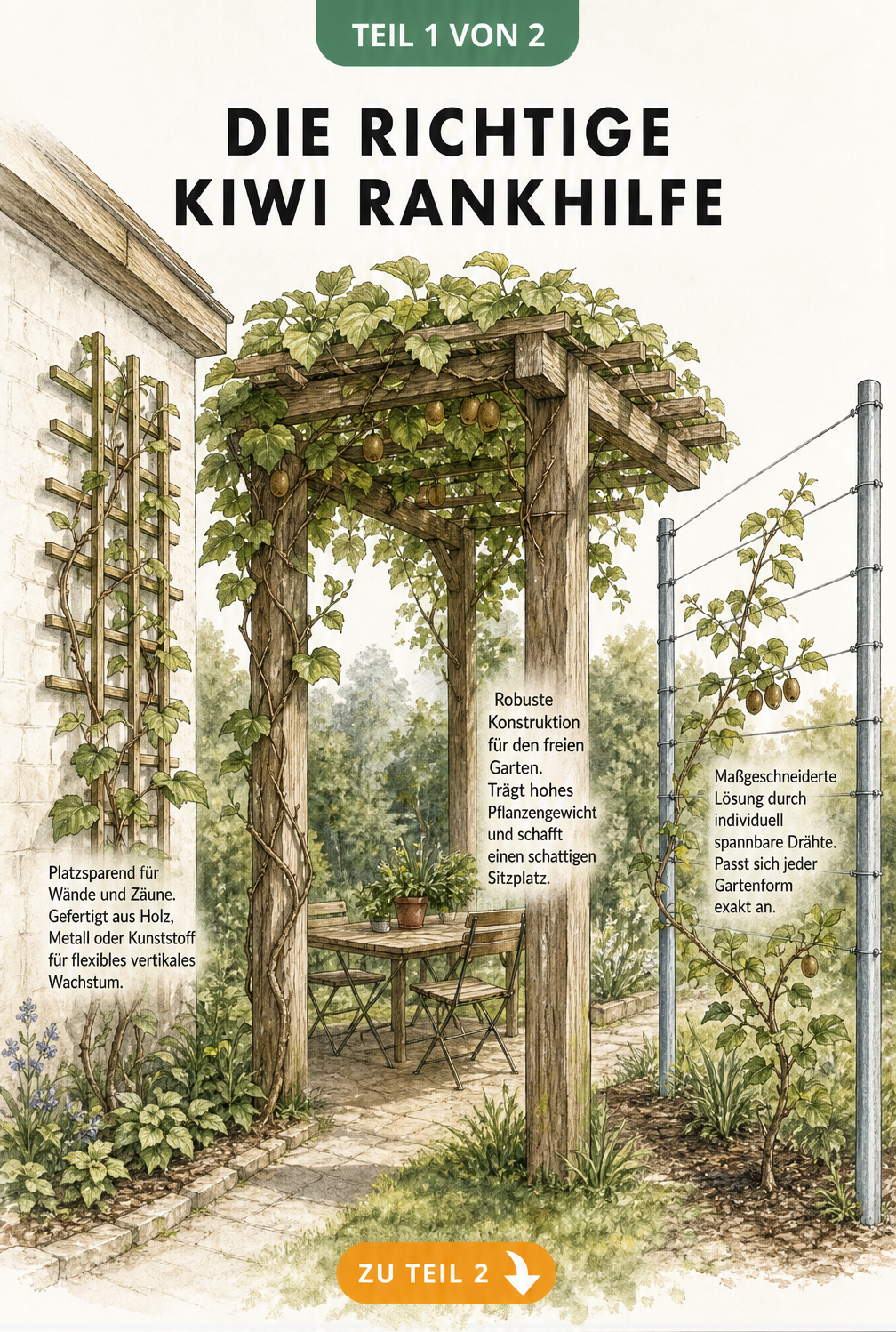 Illustration verschiedener Rankhilfen für Kiwis: Spalier an der Hauswand, freistehende Pergola und Drahtseilsystem