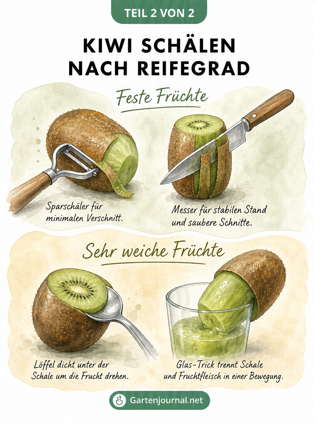Übersicht der besten Werkzeuge zum Kiwi schälen je nach Reifegrad: Sparschäler und Messer für feste Früchte, Löffel und Glas für weiche Früchte
