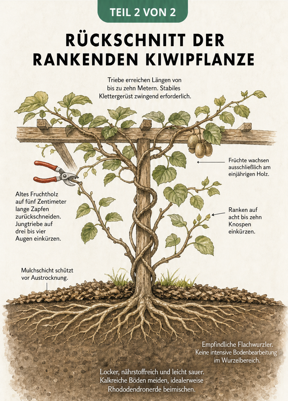 Skizze zum Rückschnitt einer Kiwipflanze an einer Pergola mit Wurzelbereich