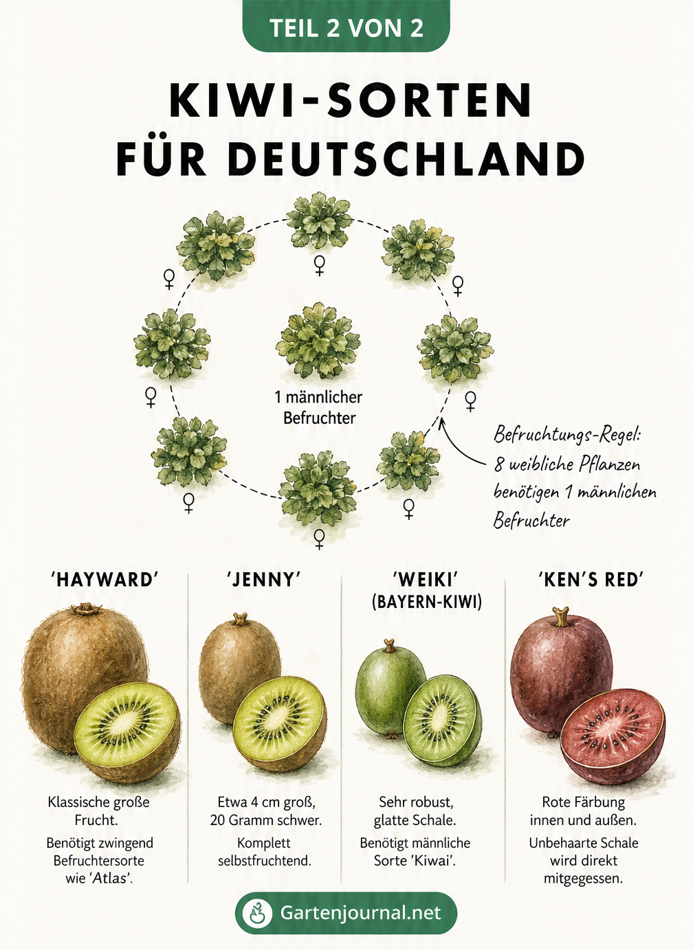 Übersicht der Befruchtungsregel für Kiwis und vier geeignete Sorten für Deutschland