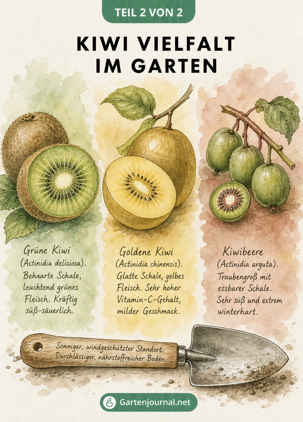 Aquarell-Illustration von drei Kiwi-Sorten: Grüne Kiwi, Goldene Kiwi und kleine Kiwibeeren mit Pflanzschaufel