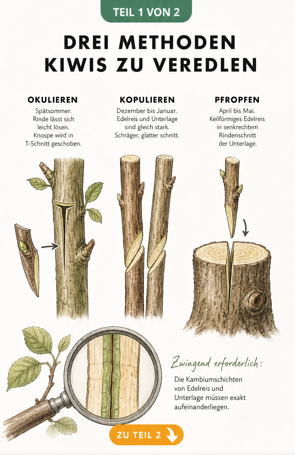 Illustration der drei Methoden zur Kiwi-Veredelung: Okulieren, Kopulieren und Pfropfen mit Schnitttechniken und Zeiträumen.