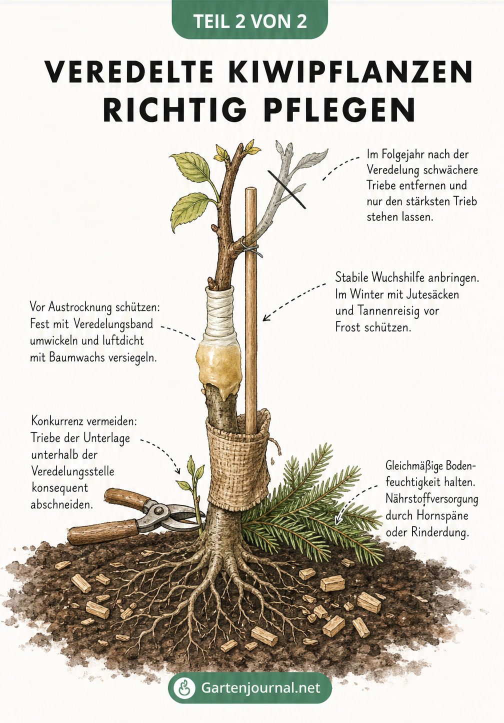 Anatomische Darstellung einer jungen Kiwipflanze mit Pflegeschritten nach der Veredelung, von der Wurzel bis zur Triebspitze.