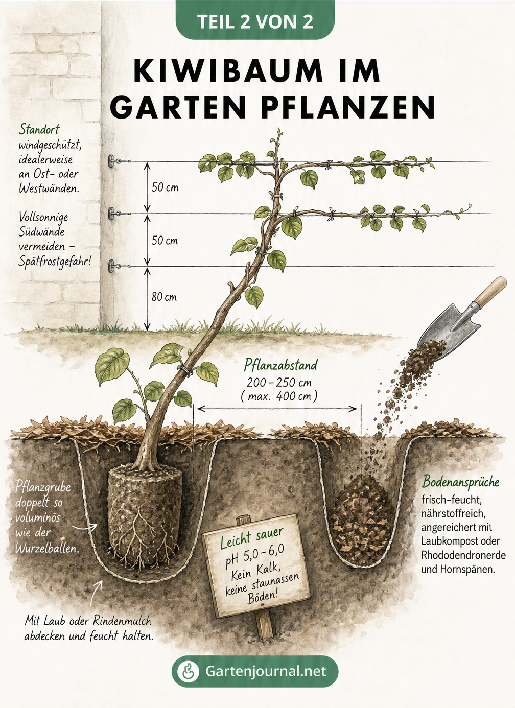 Gartenplanungsskizze zur Pflanzung eines Kiwibaums an einer Hauswand mit Spalier, Pflanzabständen und Bodenansprüchen