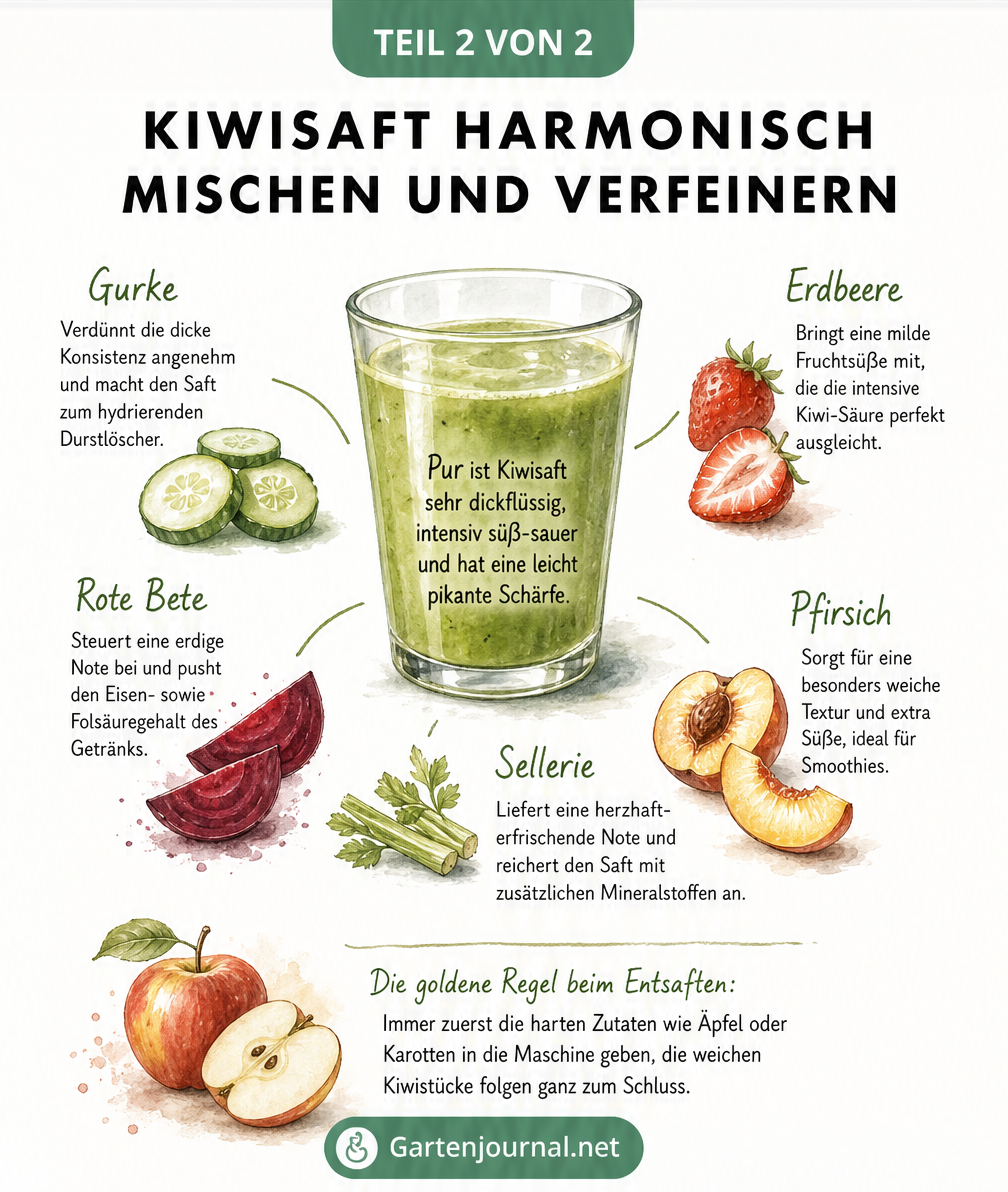 Illustration eines Glases Kiwisaft umgeben von passenden Zutaten wie Gurke, Erdbeere, Rote Bete, Pfirsich und Sellerie