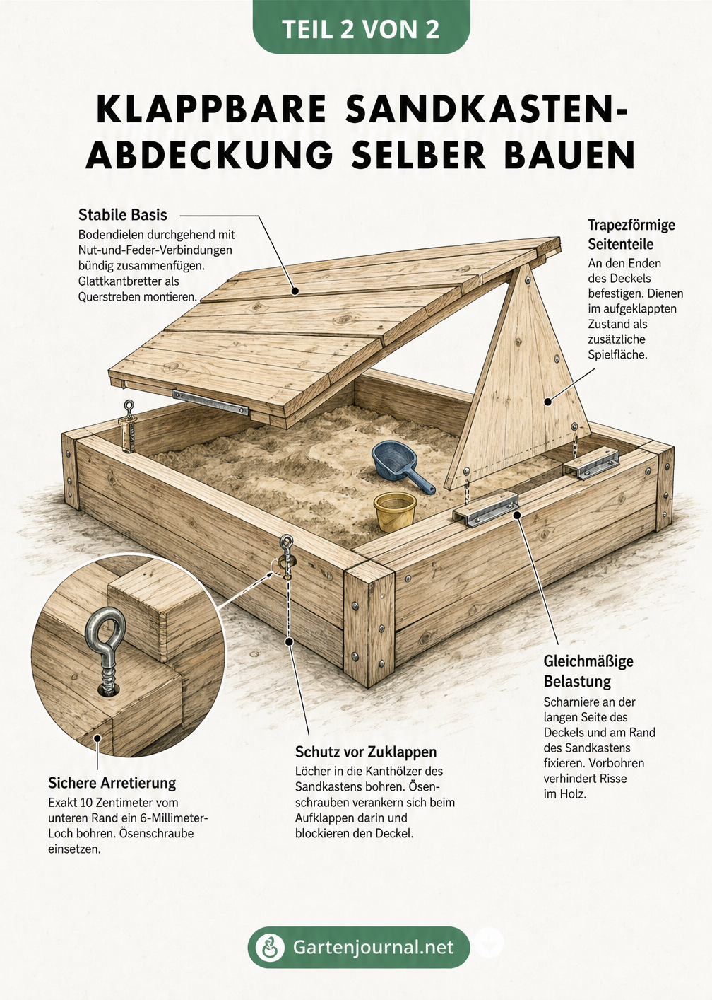 Isometrische Konstruktionszeichnung einer klappbaren Sandkastenabdeckung mit Details zu Scharnieren, Ösenschrauben und Holzverbindungen.