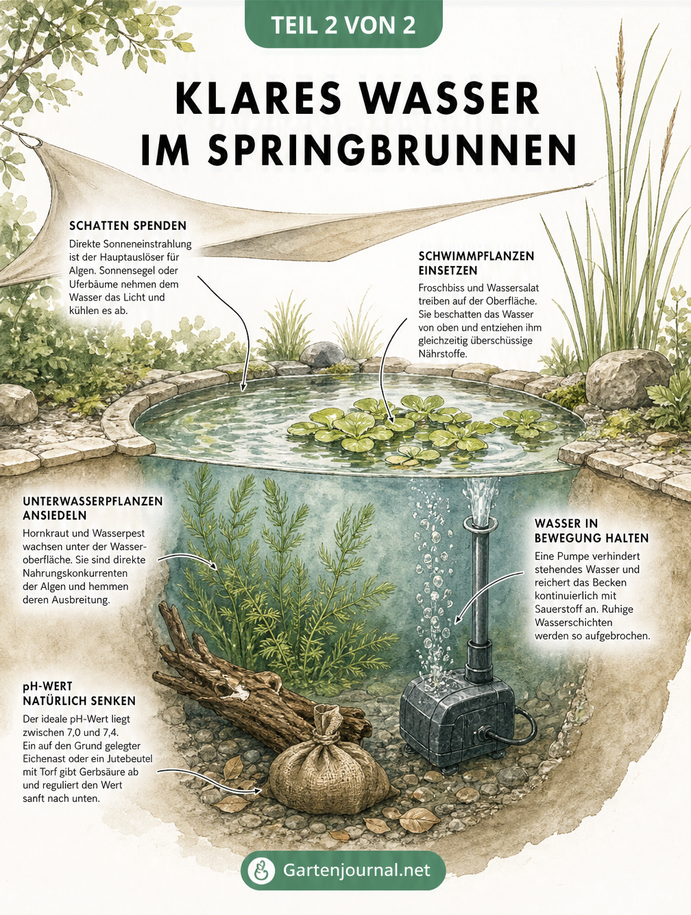 Querschnitt eines Springbrunnens mit Maßnahmen zur Algenprävention wie Beschattung, Schwimmpflanzen, Unterwasserpflanzen und Wasserbewegung