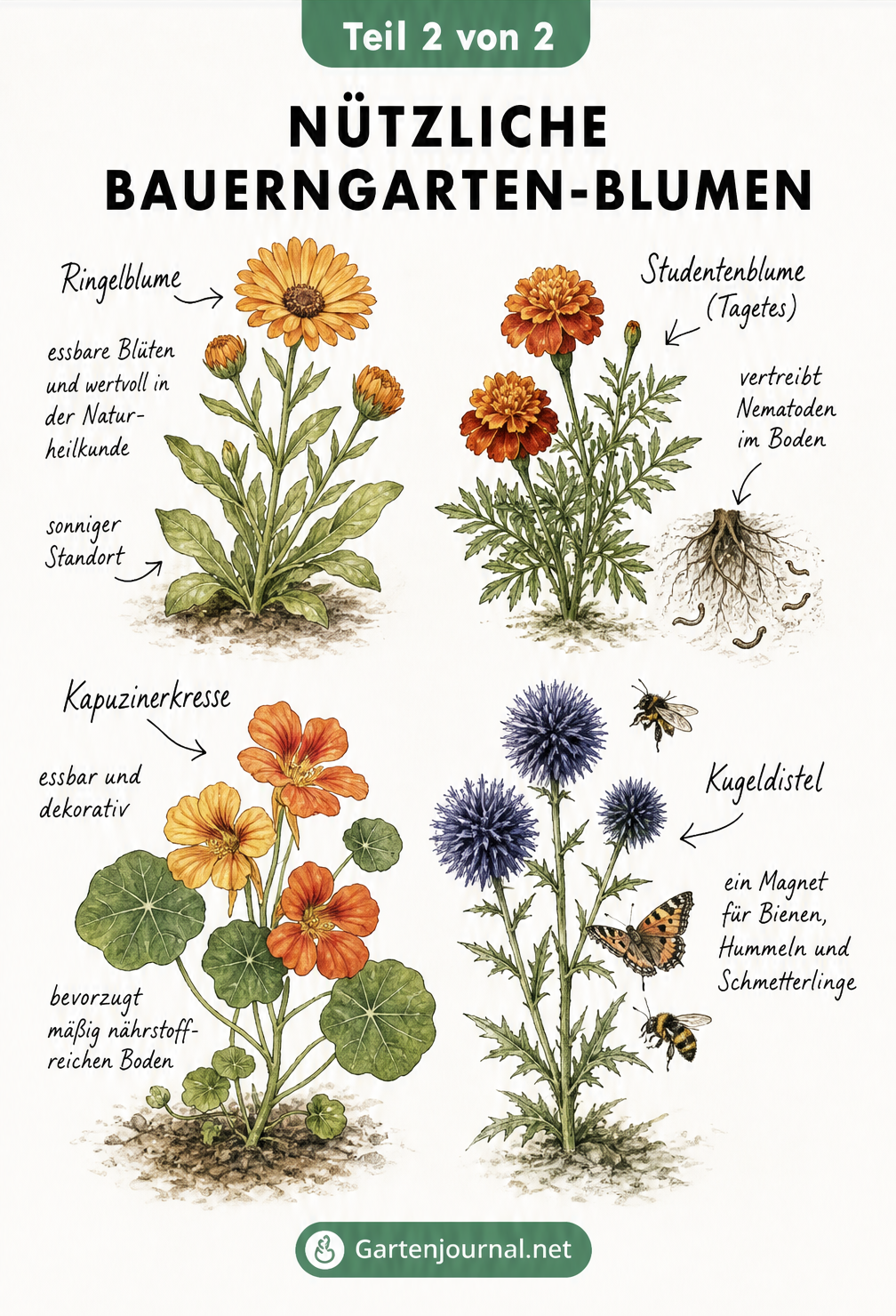 Illustration klassischer mehrjähriger Bauerngarten-Blumen wie Stockrose, Lupine, Pfingstrose, Tränendes Herz und Frauenmantel