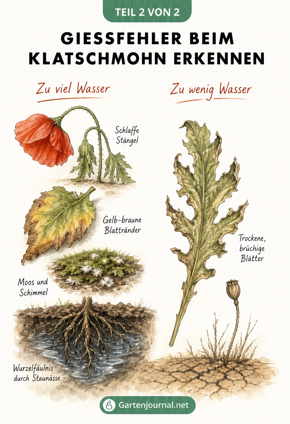 Diagnose-Tafel für Klatschmohn, die Symptome von zu viel Wasser wie schlaffe Stängel und Schimmel sowie von zu wenig Wasser wie trockene Blätter zeigt.