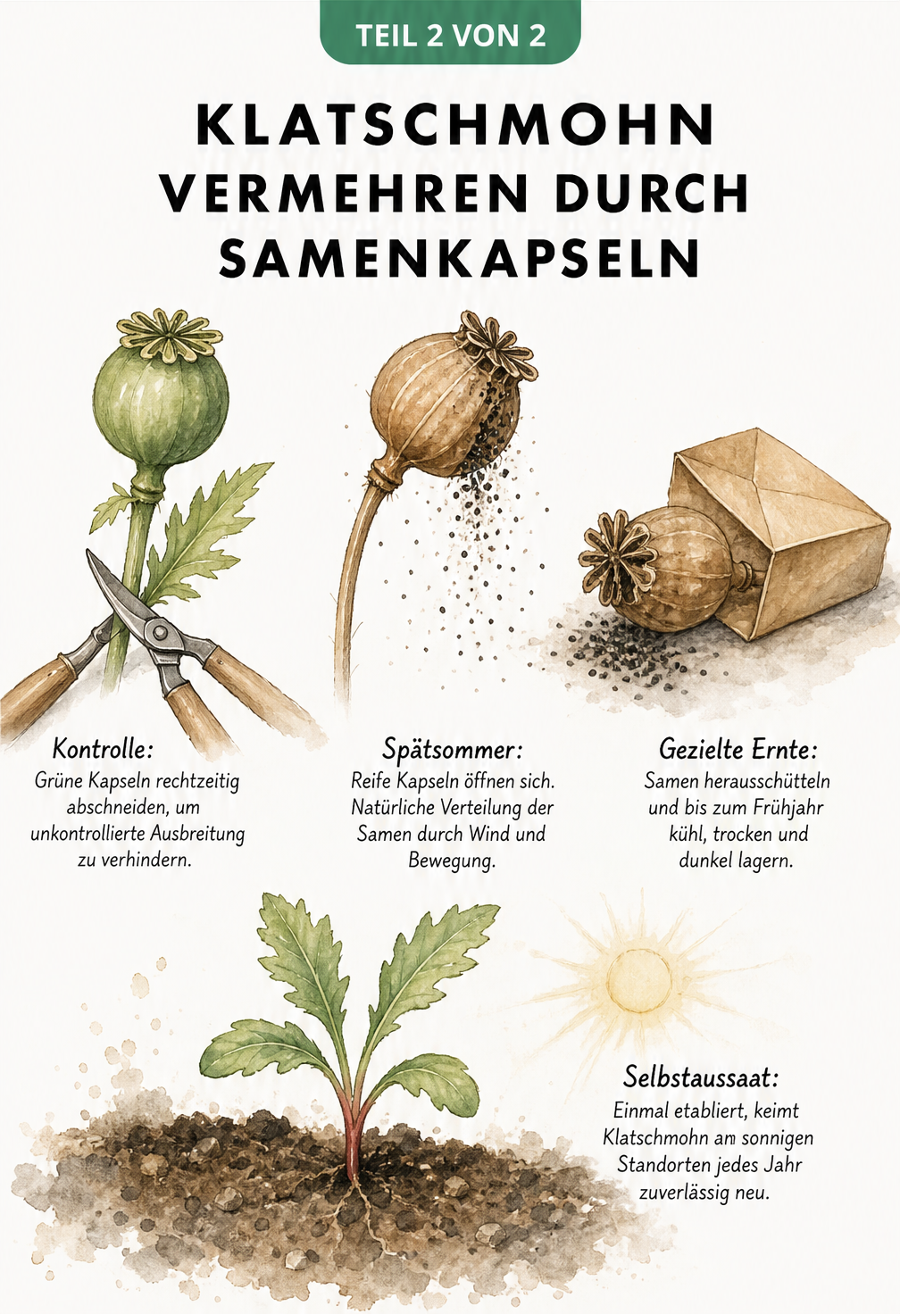 Drei Entwicklungsstadien einer Klatschmohn-Samenkapsel von grün bis braun mit austretenden Samen