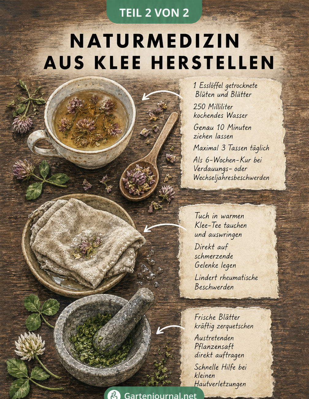 Illustration zur Herstellung von Naturmedizin aus Klee mit Tee, Umschlägen und frischem Pflanzensaft