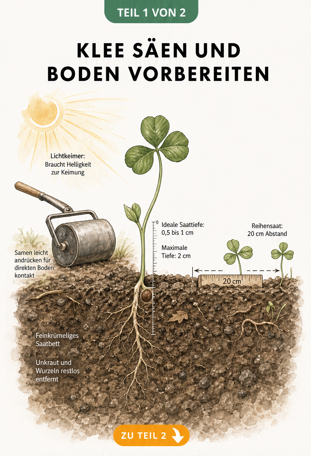 Querschnitt durch ein Gartenbeet mit Kleeblatt, das die optimale Saattiefe, Reihenabstand und Bodenstruktur für die Kleesaat zeigt.