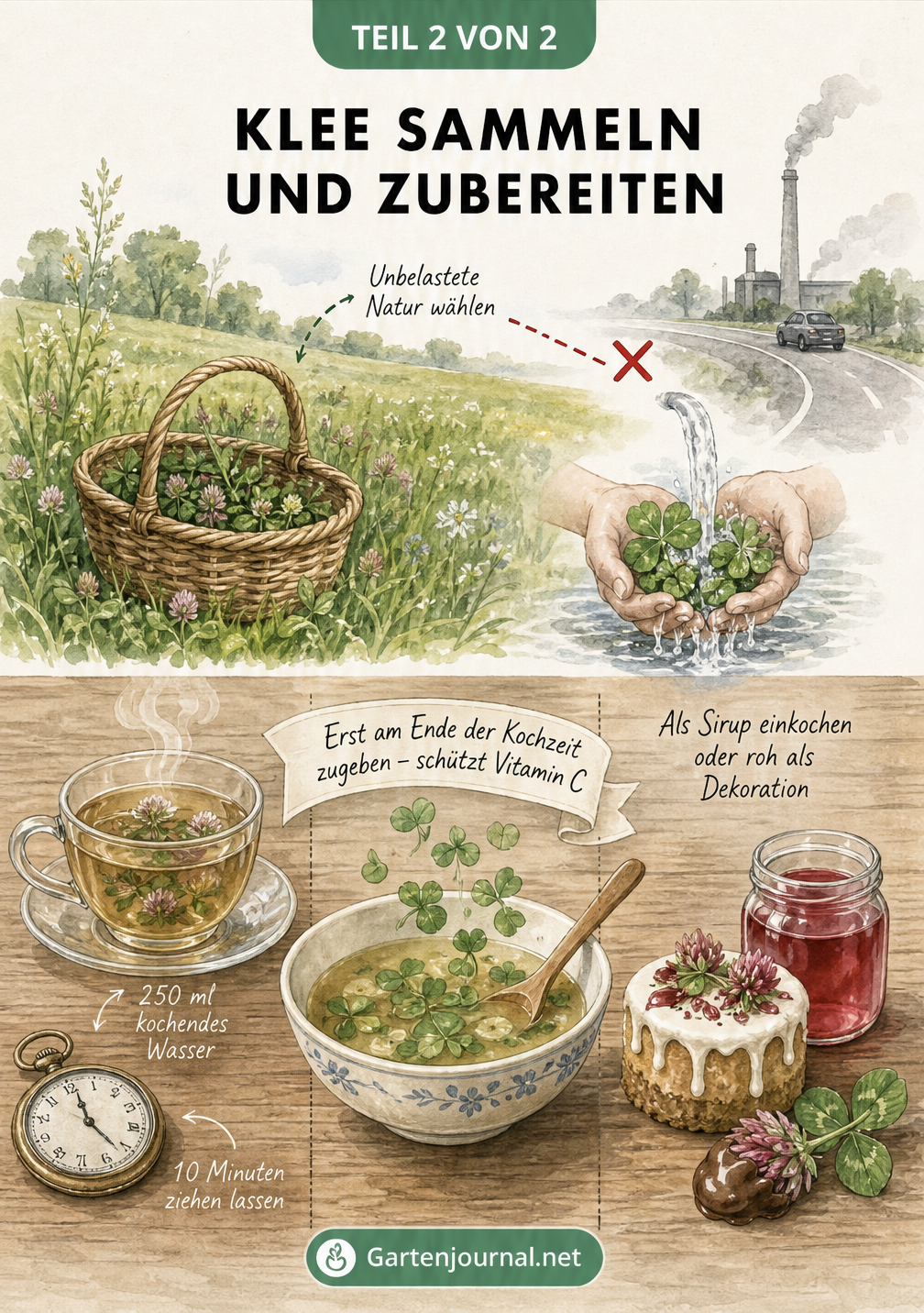 Illustration zum Sammeln und Zubereiten von Klee: Korb auf einer Wiese, Teezubereitung, Suppe und Dessert mit Kleeblüten.