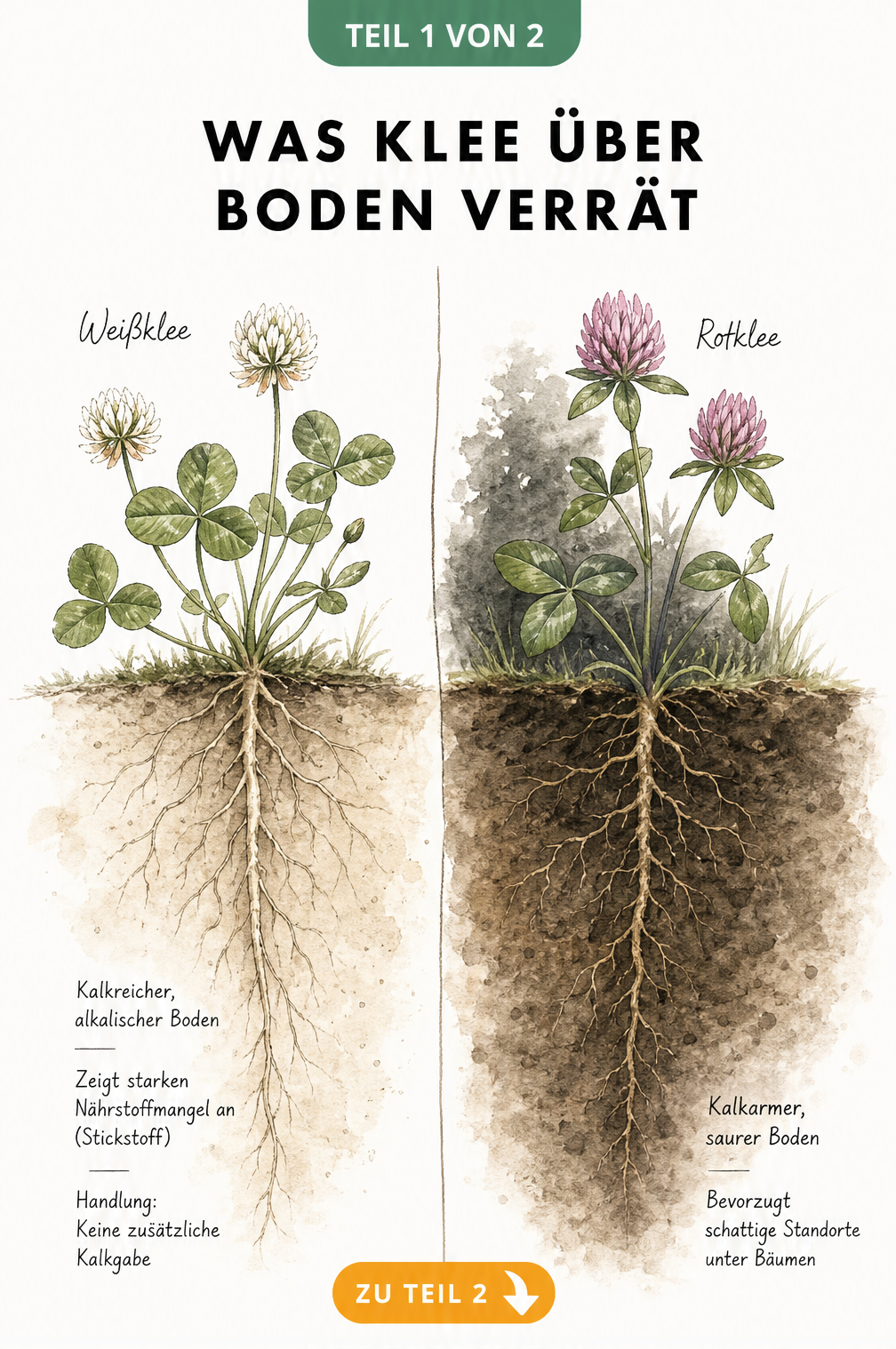 Botanische Illustration von Weißklee und Rotklee mit Wurzeln und Bodeninformationen