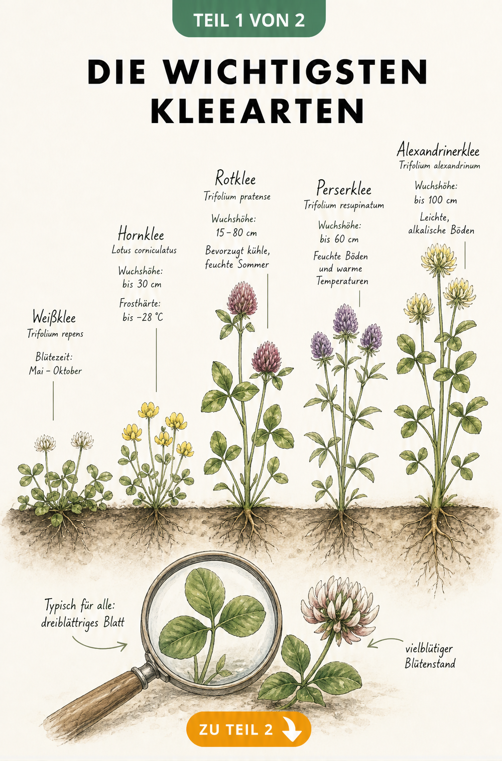 Botanische Illustration von fünf Kleearten im Größenvergleich: Weißklee, Hornklee, Rotklee, Perserklee und Alexandrinerklee mit Blütezeiten und...