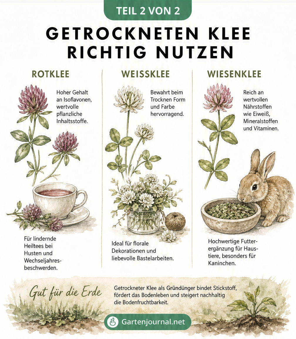 Botanische Zeichnungen von Rotklee, Weißklee und Wiesenklee mit Erklärungen zu ihren Eigenschaften und Verwendungszwecken wie Tee, Deko und Tierfutter.