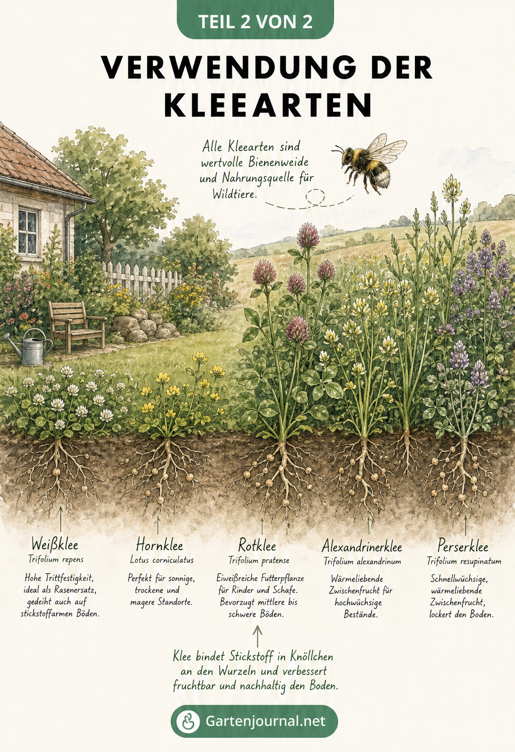Illustration der Verwendung von Kleearten im Garten und in der Landwirtschaft, mit Darstellung der Wurzeln zur Stickstoffbindung.
