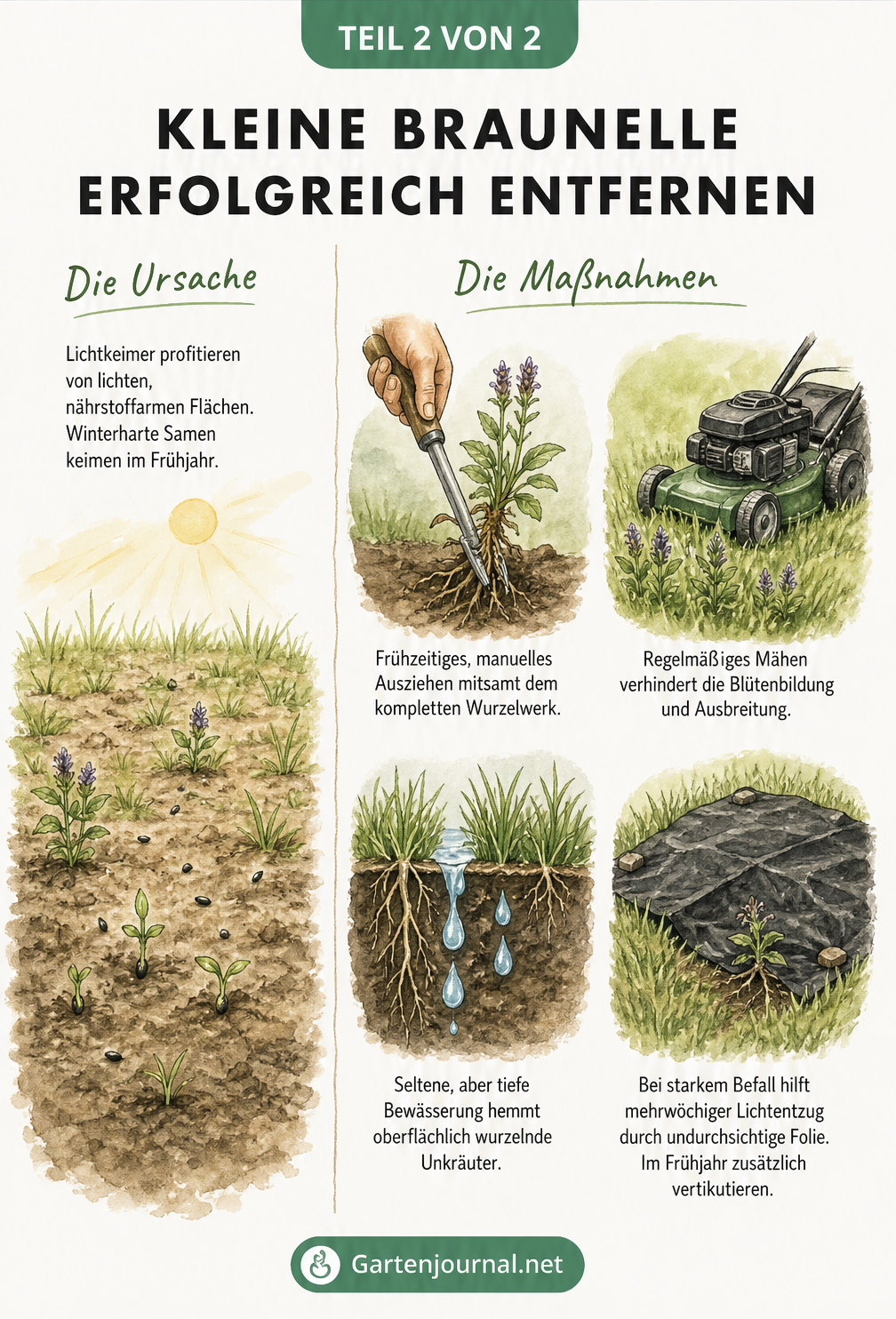 Illustration zur Ursache und Bekämpfung der Kleinen Braunelle im Rasen durch Ausstechen, Mähen, Bewässern und Abdecken