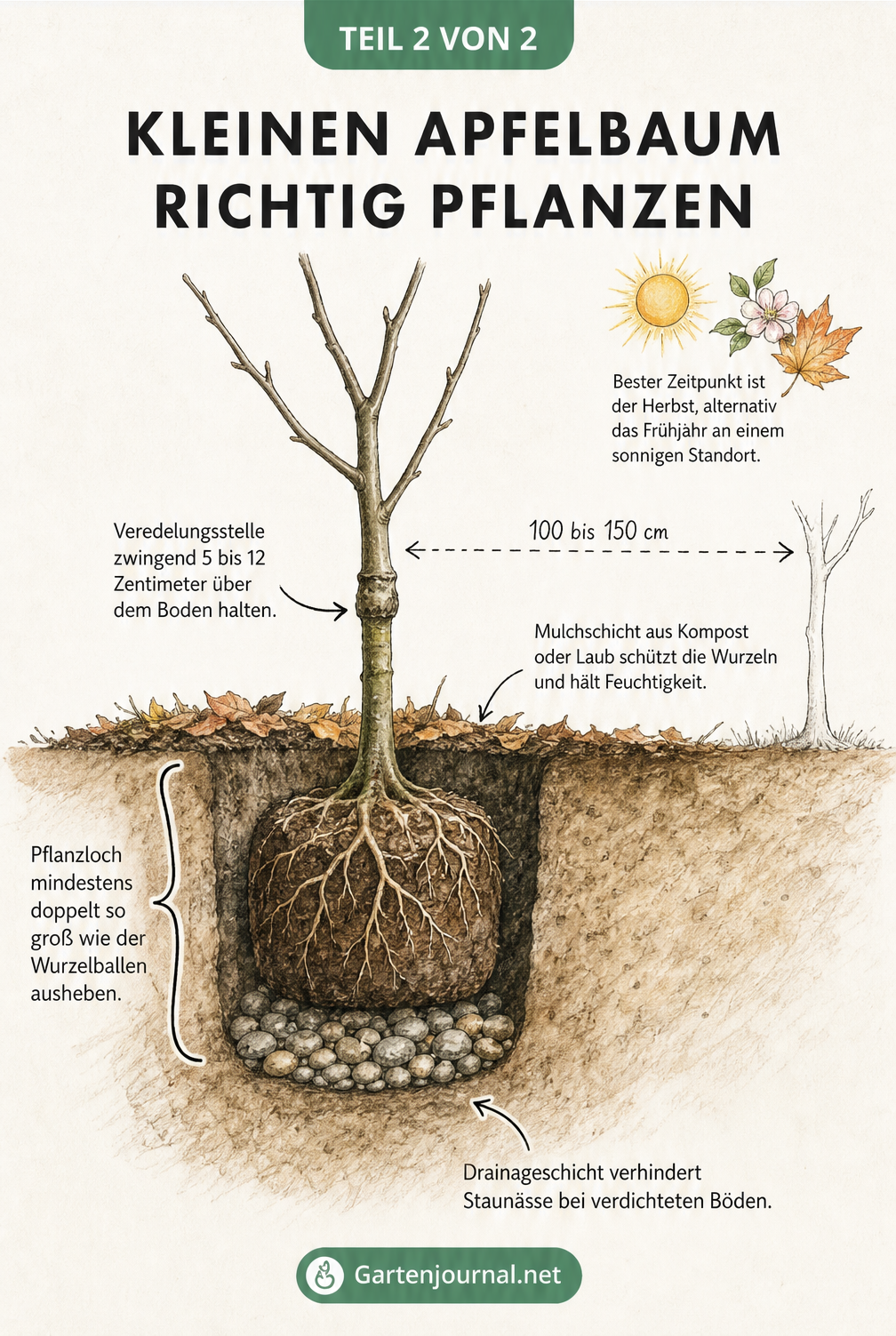 Querschnitt-Zeichnung eines gepflanzten kleinen Apfelbaums mit Veredelungsstelle, Mulchschicht, Pflanzloch und Drainageschicht.