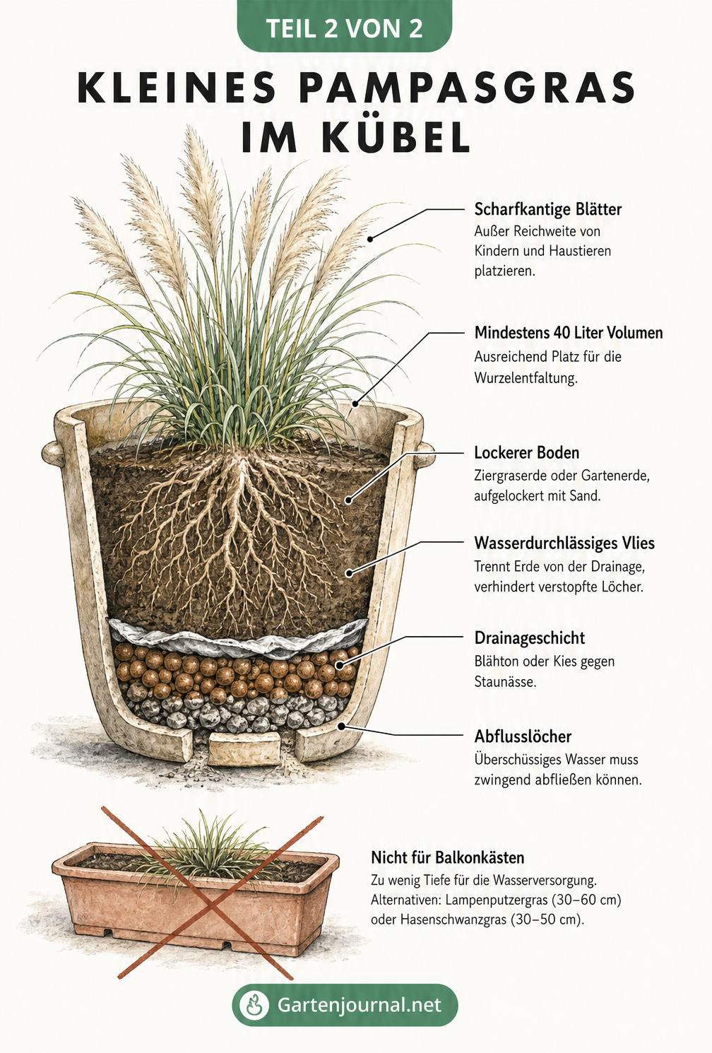 Schnittzeichnung eines Pflanzkübels mit kleinem Pampasgras, die Drainageschicht und Erde zeigt