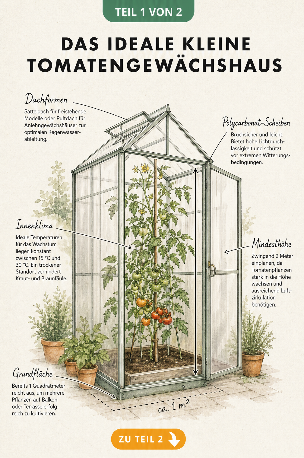 Illustration eines kleinen Tomatengewächshauses mit Satteldach, Polycarbonat-Scheiben und einer Tomatenpflanze im Innenraum