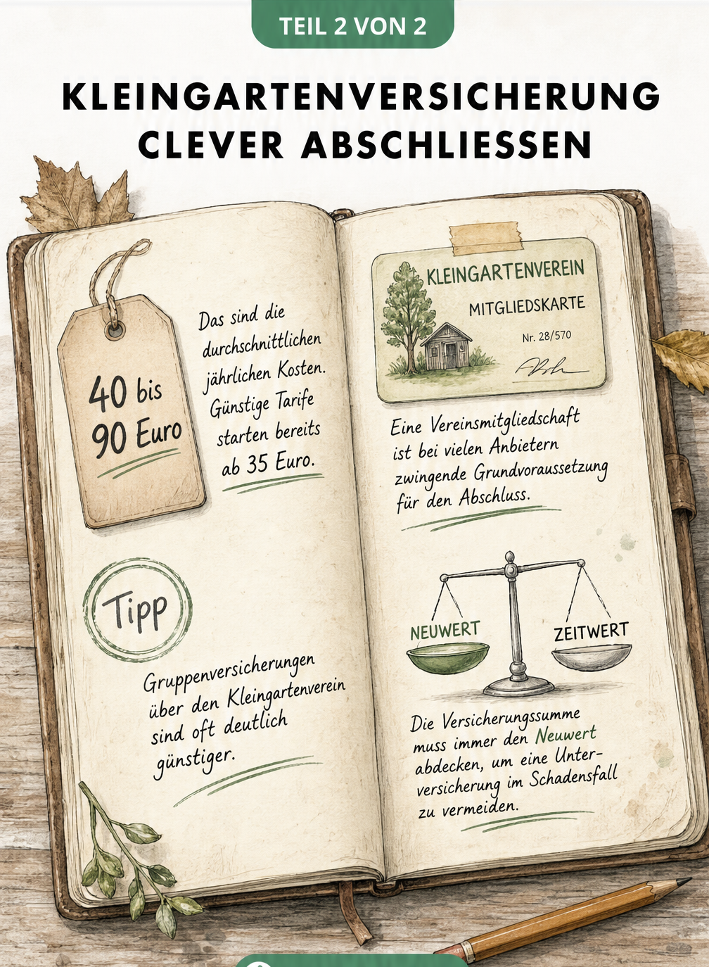 Gezeichnetes Garten-Notizbuch mit Preisschild, Vereinsmitgliedskarte und einer Waage, die Neuwert und Zeitwert vergleicht