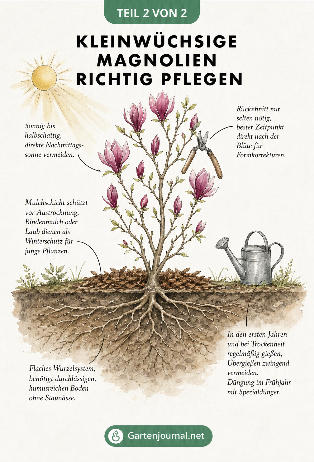 Querschnitt-Skizze einer gepflanzten kleinwüchsigen Magnolie mit Hinweisen zu Standort, Schnitt, Mulch und Wurzelsystem