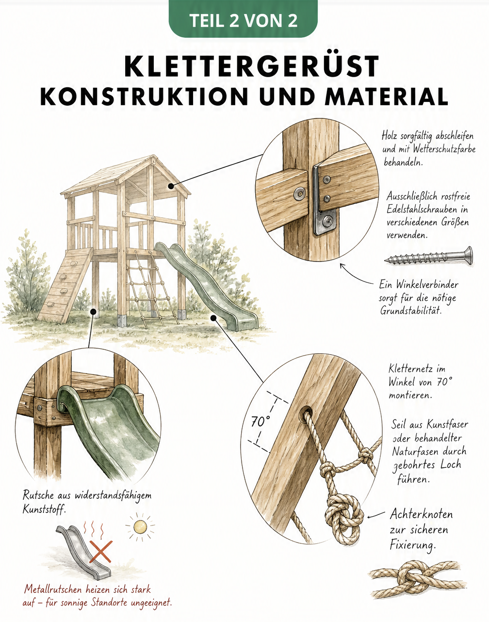 Detailzeichnung eines Klettergerüsts mit Fokus auf Holzverbindungen, Edelstahlschrauben, Kletternetz-Montage und Rutschenmaterial