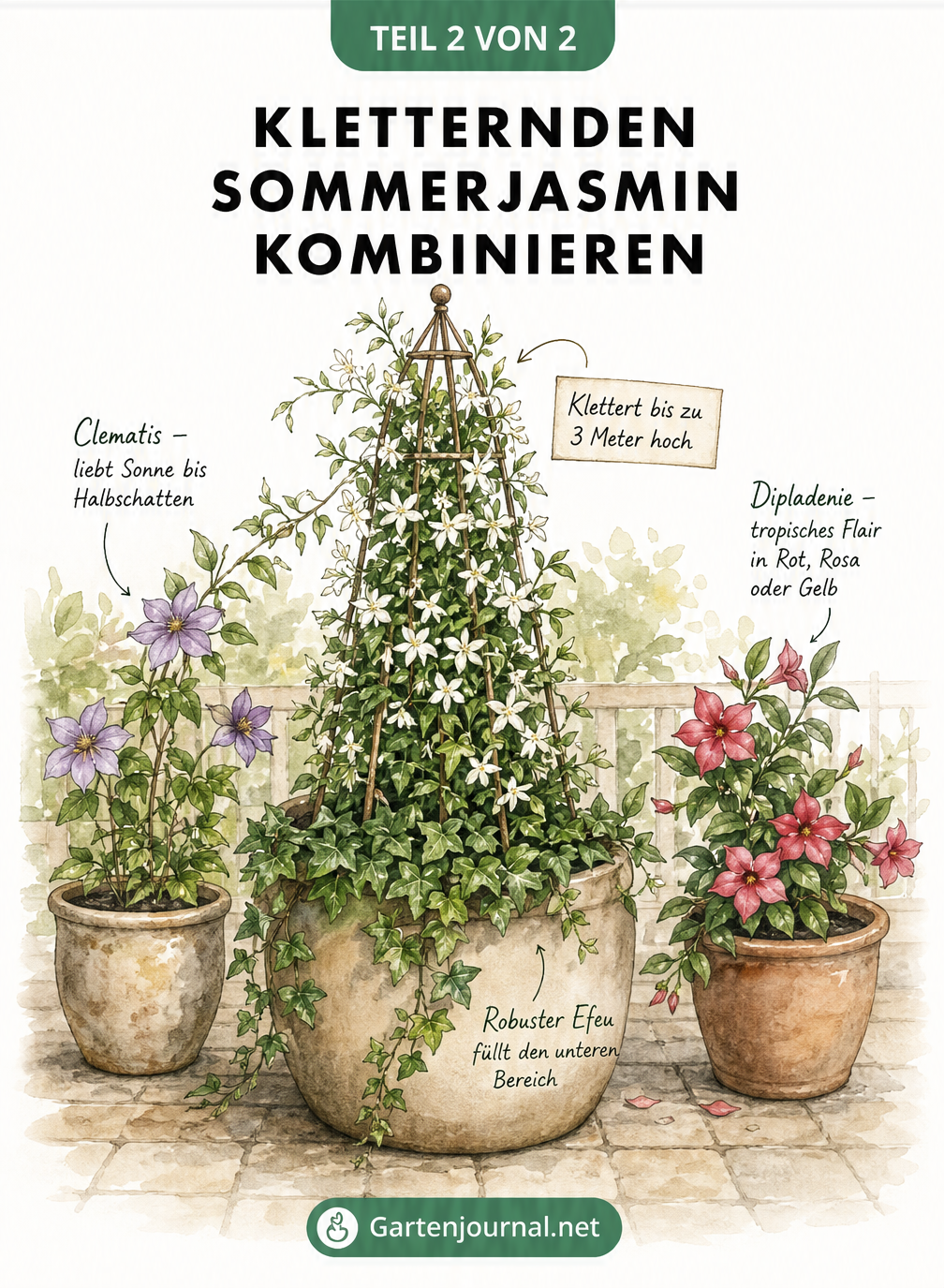Illustration eines Pflanzkübels mit kletterndem Sommerjasmin am Obelisken, kombiniert mit Efeu, Clematis und Dipladenie