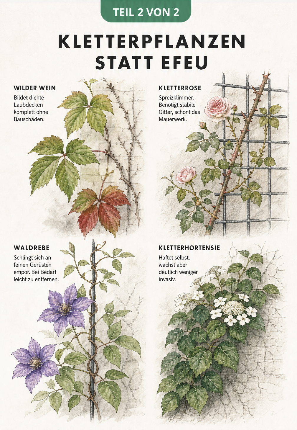 Botanische Lehrtafel mit vier Kletterpflanzen als Alternative zu Efeu: Wilder Wein, Kletterrose, Waldrebe und Kletterhortensie.