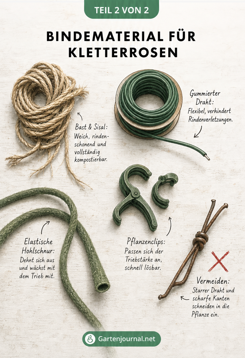 Botanische Zeichnung einer Kletterrose am Spalier, die das waagerechte Anbinden der Seitentriebe und den lockeren Scarmanknoten zeigt