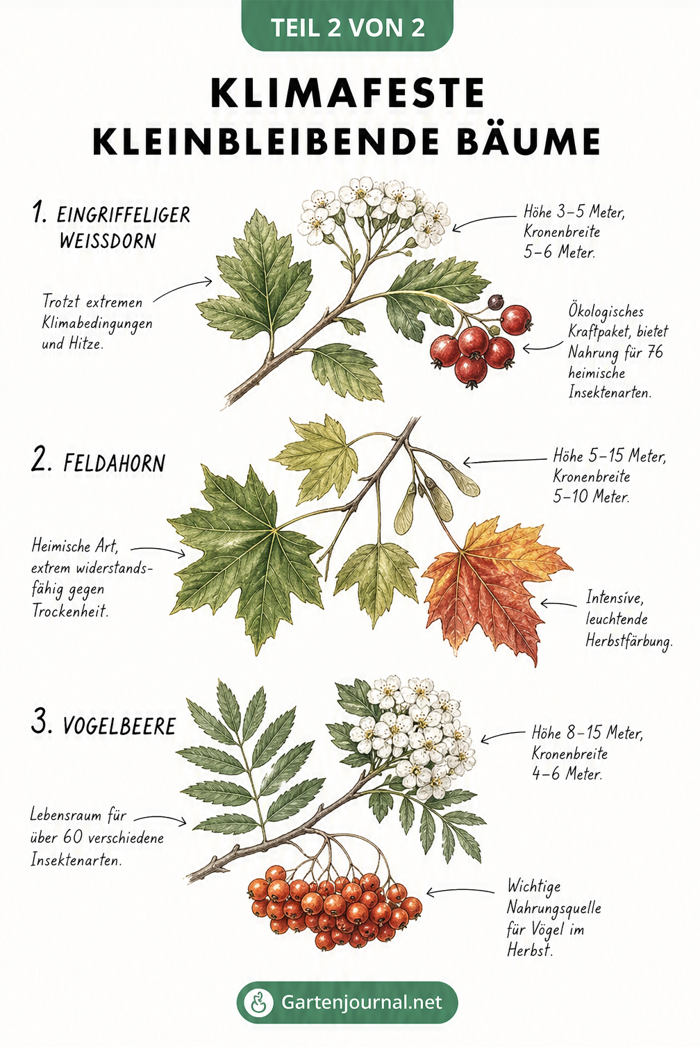 Botanische Illustration von Weißdorn, Feldahorn und Vogelbeere mit Details zu Klimaresistenz und ökologischem Nutzen