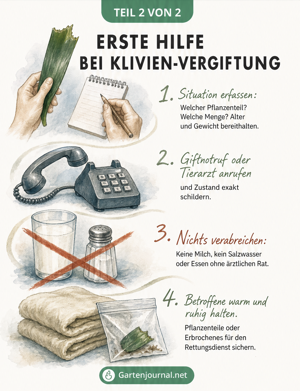 Illustration der Erste-Hilfe-Schritte bei einer Klivien-Vergiftung: Situation erfassen, Giftnotruf wählen, keine Hausmittel verabreichen und Betroffene warm...