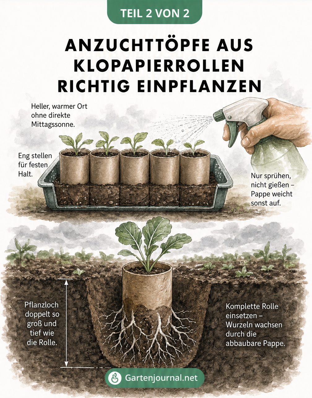 Querschnitt-Zeichnung: Oben stehen Klopapierrollen-Anzuchttöpfe dicht in einer Schale, unten wachsen die Wurzeln einer Jungpflanze durch die eingegrabene Pappe...