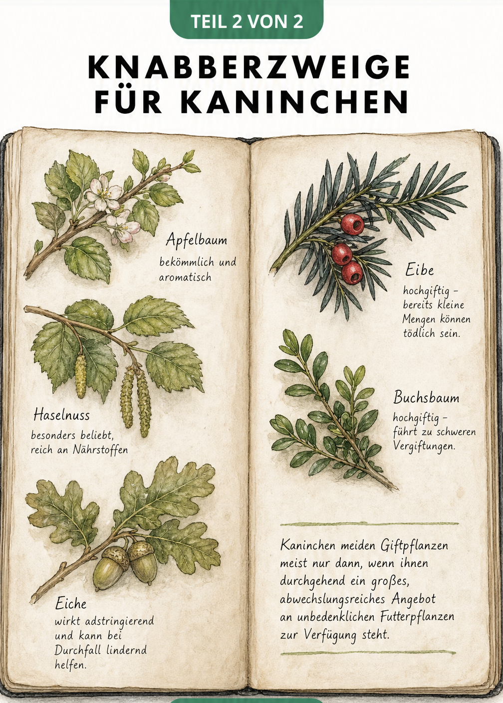 Aquarell-Zeichnungen von unbedenklichen Zweigen wie Apfelbaum und Haselnuss sowie giftigen Pflanzen wie Eibe und Buchsbaum.