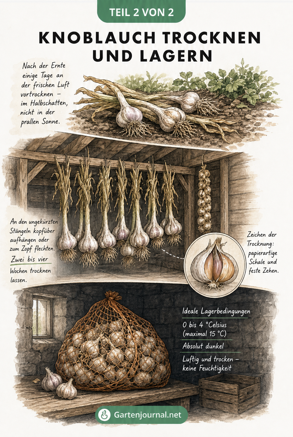 Illustration des Trocknungs- und Lagerungsprozesses von Knoblauch: vom Vortrocknen auf dem Beet über das Aufhängen im Holzschuppen bis zur Lagerung im dunklen...