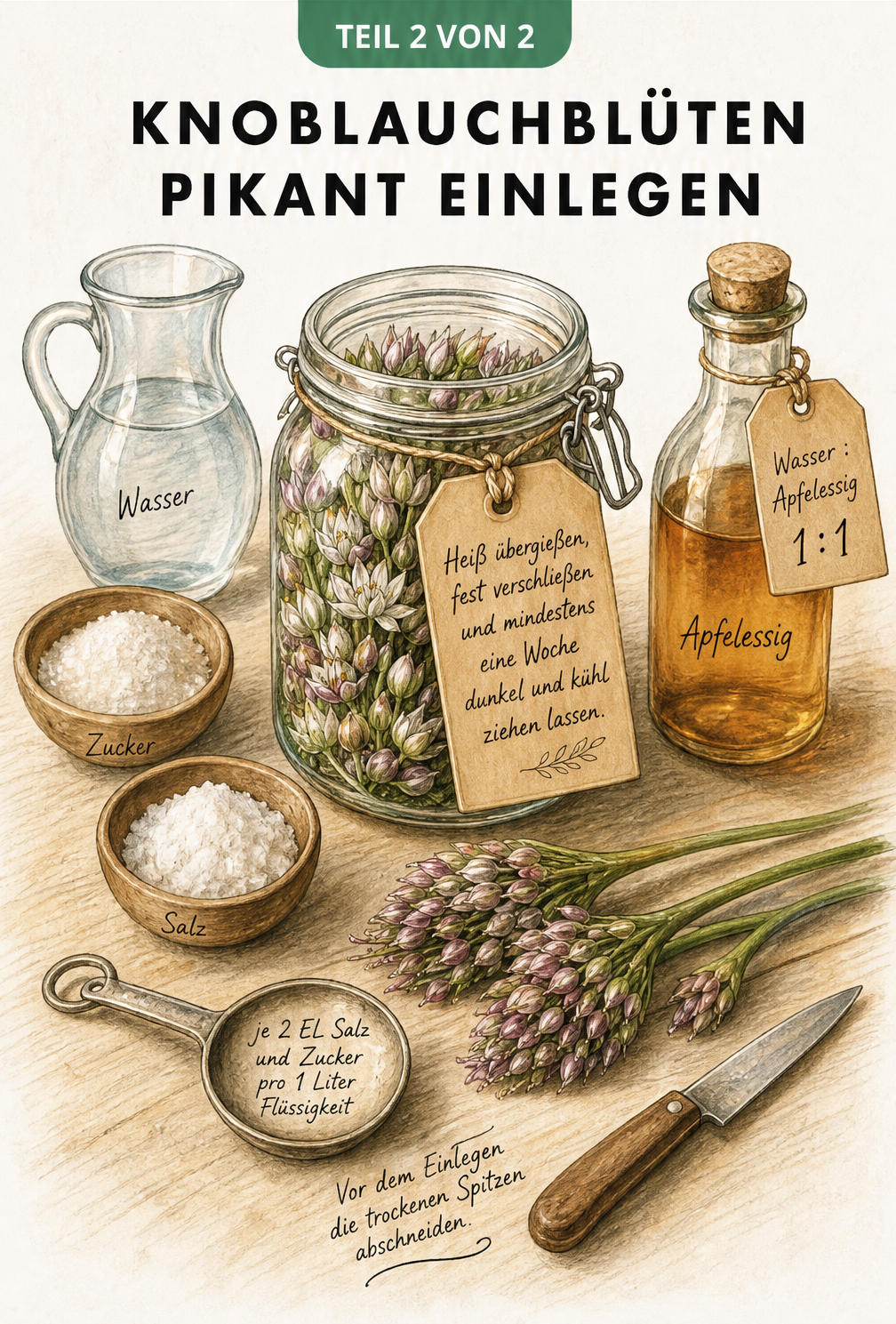 Illustration von Knoblauchblüten in einem Einmachglas mit Essig, Salz und Zucker