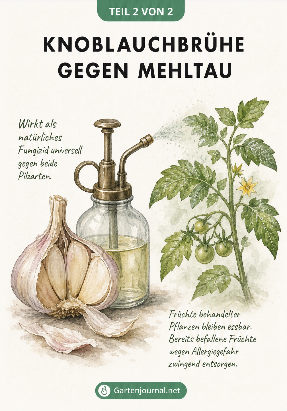 Illustration einer Knoblauchknolle und einer Sprühflasche, die Knoblauchbrühe gegen Mehltau darstellen
