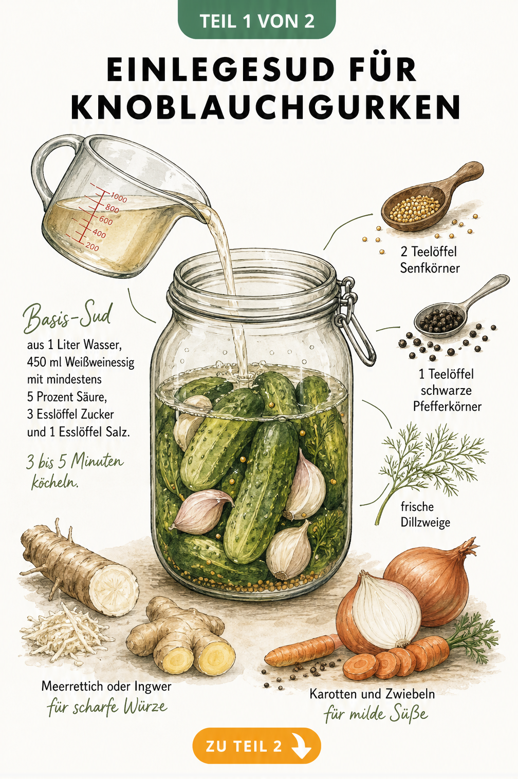 Illustration eines Einmachglases mit Gurken, Knoblauch und Zutaten für den Einlegesud
