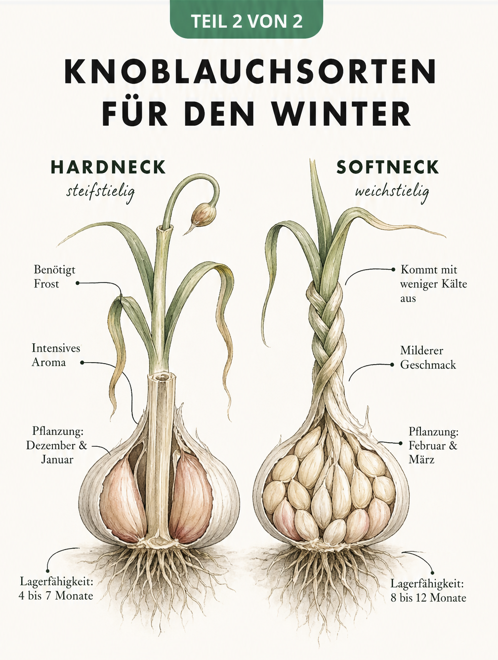 Vergleich von Hardneck- und Softneck-Knoblauch mit Merkmalen zu Kältetoleranz, Pflanzzeit und Lagerfähigkeit